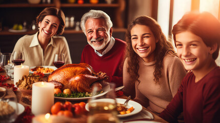 Happy Family celebrating Thanksgiving at the table - obrazy, fototapety, plakaty