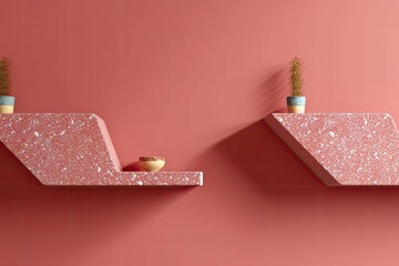 Red shelves with pink Podium Disply for Products
