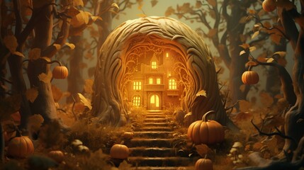A pumpkin carved into a whimsical, fairy tale forest scene.