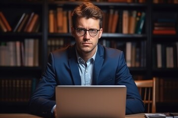 Young Executive Reading Books in Library, Using Smartphone for Work