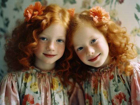 Two cute smiling little twin sisters with floral wreath