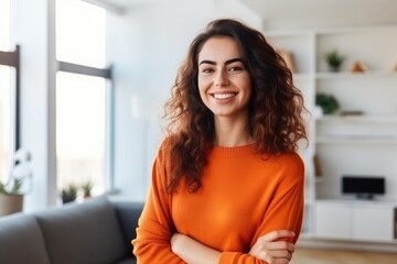 Smiling Lady at Home and Office: A Positive Professional in Cozy Modern Settings
