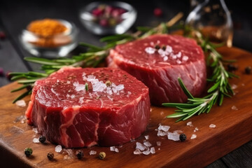 Raw beef filet Mignon steak on a wooden Board with peppers and herbs, AI Generated