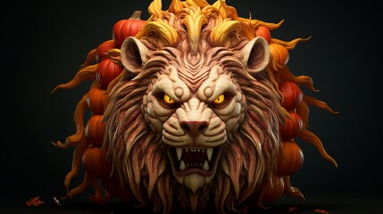 A pumpkin sculpted into a realistic, regal lion's head.