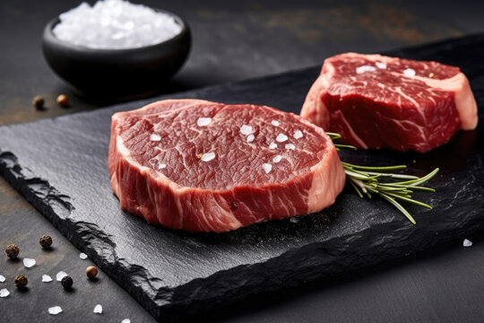 Raw beef filet Mignon steak on a wooden Board with peppers and herbs, AI Generated