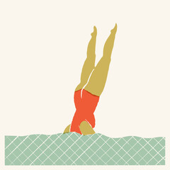 Retro swimmer jumping in the pool, synchronized swimmer diving into the water. Vector vintage mid-century art print.