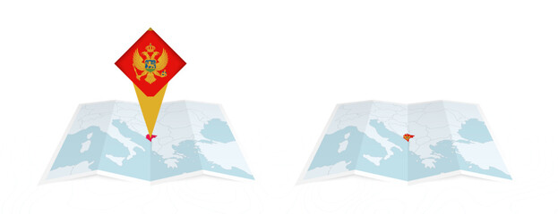 Two versions of an Montenegro folded map, one with a pinned country flag and one with a flag in the map contour. Template for both print and online design. - obrazy, fototapety, plakaty