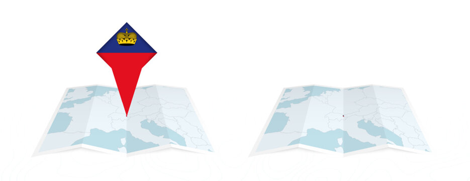 Two versions of an Liechtenstein folded map, one with a pinned country flag and one with a flag in the map contour. Template for both print and online design.