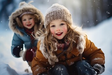 Fototapeta na wymiar Kids winter vacation time in winter, carefree childhood, happy time , having fun in the snow, sledding, sculpting a snowman, playing in nature, joy and fun , children spend time together .