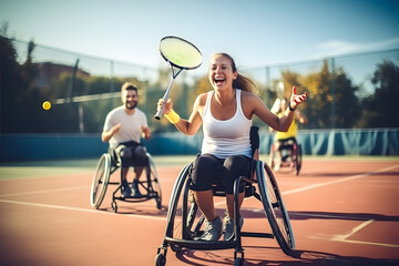 Empowering Active Lives: Woman in Wheelchair Enjoying Tennis with Friends - obrazy, fototapety, plakaty