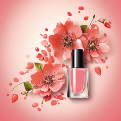 Pink nail polish bottle decorated with pink flowers on light pink background. For an advertising brochure, banner. Beauty and fashion concept. - obrazy, fototapety, plakaty