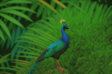 Obraz premium Blue and green colored bird sitting on a tree with an open feathers, leaves on background, generative ai