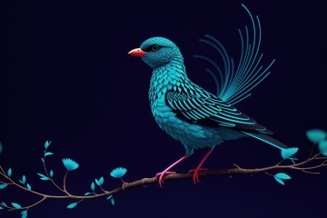 The blue or turquoise small passerine bird sitting on a branch in the rainforest with a dark background, generative ai