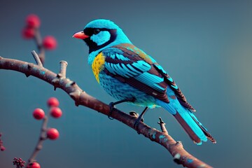 The blue or turquoise small passerine bird sitting on a branch in the rainforest with a dark background, generative ai - obrazy, fototapety, plakaty