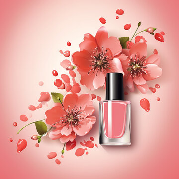 Pink nail polish bottle decorated with pink flowers on light pink background. For an advertising brochure, banner. Beauty and fashion concept.