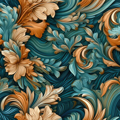 Natural embroidery fantasy rococo flowing seamless pattern, AI Generated