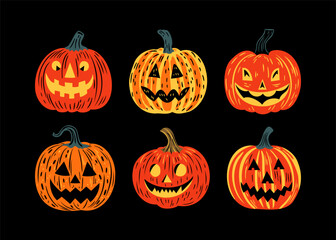 Set of halloween jack o lantern cartoon illustration doodle. Scary october holiday decoration collection in hand drawn style. Spooky autumn party graphic bundle, creepy carved smiling pumpkin.