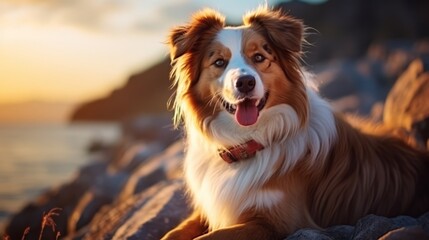 Australian Shepherd dog.Australian Shepherd dog portrait close up. Horizontal banner poster background. Copy space. Photo texture AI generated - obrazy, fototapety, plakaty