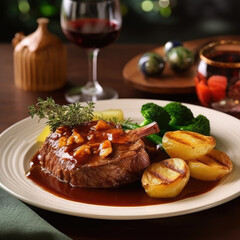 Mouthwatering dish of succulent lamb with a rich Madeira sauce, accompanied by tender boiled potatoes AI Generated