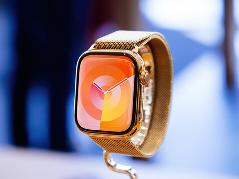 Paris, France - Sep 22, 2023: A hero object display features Apple Watches Series 9, prominently placed to capture attention on their launch day