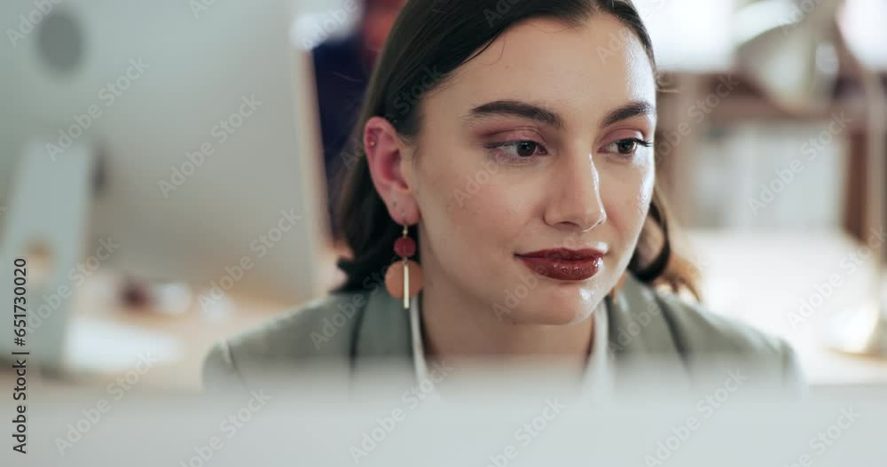 Aufkleber business woman, face and reading computer for email, online information and internet research in off