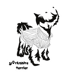 Logo of a small dog breed Yorkshire terrier. Standing dog in a knitted sweater. Animal Gestalt Design