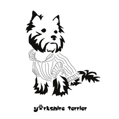 Logo of a small dog breed Yorkshire terrier. Standing dog in a knitted sweater. Animal Gestalt Design