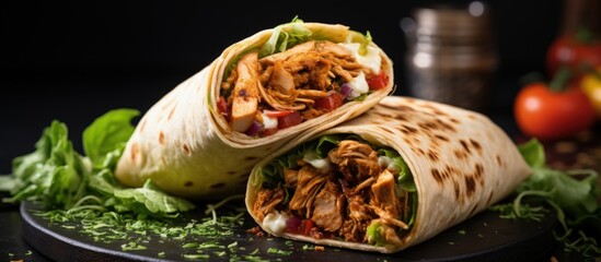 Traditional Middle Eastern food chicken shawarma wrap with doner kebab pita and copy space