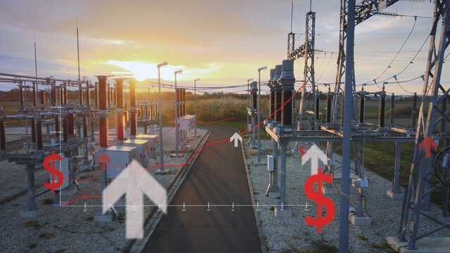 Electric Power plant at sunset with overlay graphics expressing energy price increase