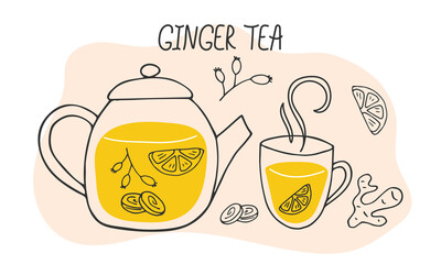 A teapot and a cup of ginger tea. Seasonal vitamin hot drink. Healthy lifestyle concept. Winter autumn line drawn doodle illustration