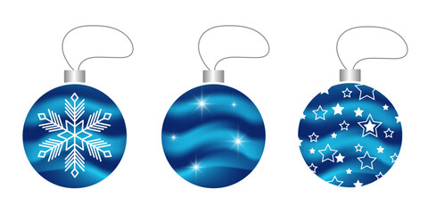 Set of Christmas balls isolated on white. Shining holiday decorations with snowflakes and stars. Blue sparkling ball. Holiday design element