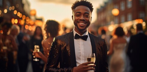 A charismatic black man, sharply dressed, holding a glass of champagne, exuding confidence against a chic evening ambiance. - obrazy, fototapety, plakaty