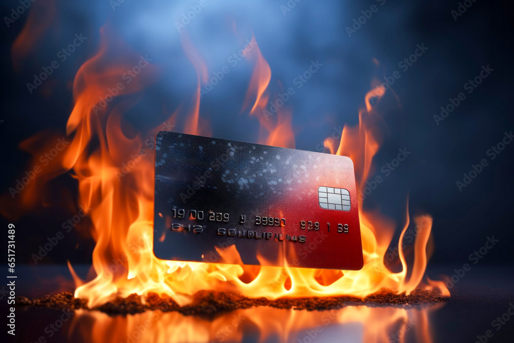 Poster bank card on fire. background with selective focus and copy space