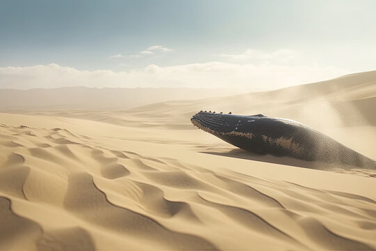 Humpback Whale Stuck in the sand dunes of desert, Generative AI