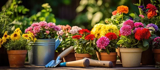 Photo sur Plexiglas Jardin Garden flowers tools and work in the garden