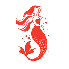 Mermaid vector icon in minimalistic, black and red line work, japan web