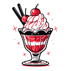 Sundae Cup vector icon in minimalistic, black and red line work, japan web