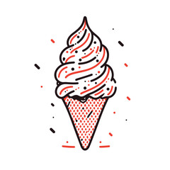 Ice cream cone with sprinkles vector icon in minimalistic, black and red line work, japan web