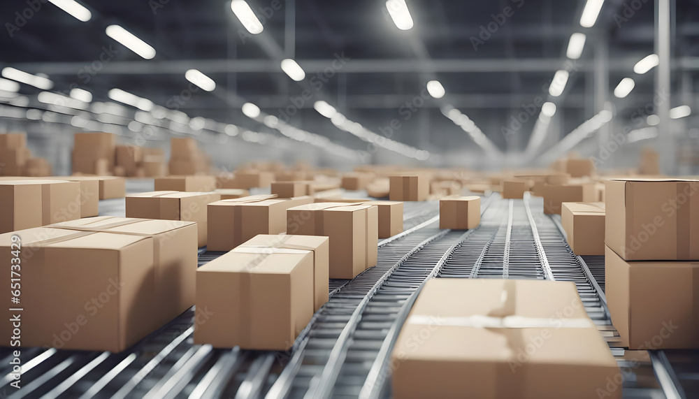 Poster conveyor belt in a distribution warehouse with row of cardboard box packages for e-commerce delivery