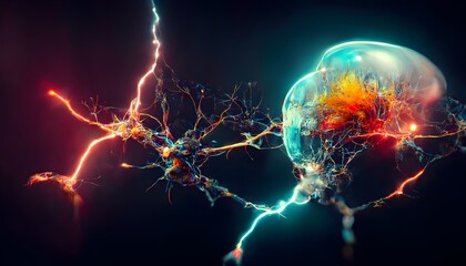 abstract glass acurate brain neural network moody sci fi neon lightning cloudy water inner glow lightning dark background octane render macro particles  - obrazy, fototapety, plakaty