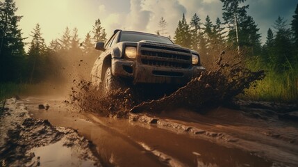 Fototapeta na wymiar Photo of a muddy truck driving through the forest