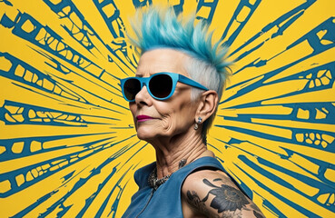 Older woman with blue painted punk hairstyle and jacket, strong personality and unique expression - obrazy, fototapety, plakaty