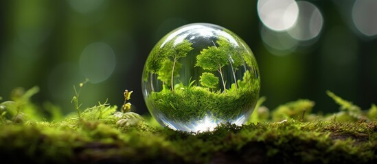 Earth day and conservation concept represented by moss covered glass globe in forest environment