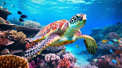 Photo of a green turtle swimming gracefully over a vibrant coral reef - Powered by Adobe