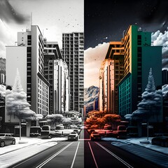 4K City in black and white with color details 