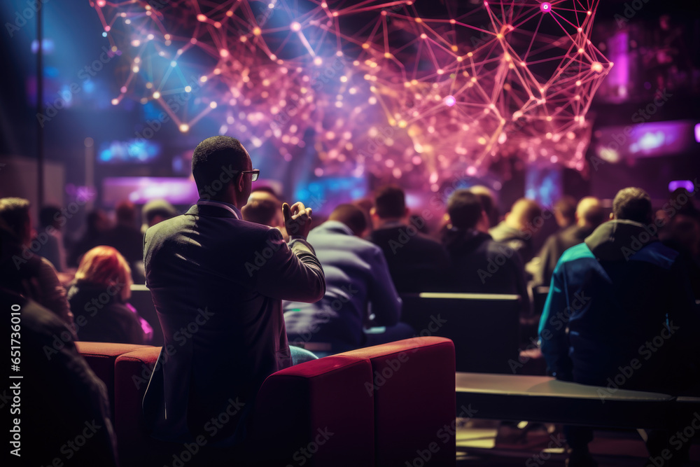 Poster a person participating in a blockchain conference in a virtual event space. generative ai.