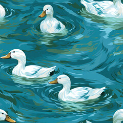 Watercolor ducks seamless pattern. Painted white ducks on the swirling water. AI generated illustration for fabric, print,decoration, banner, and wallpaper.