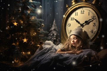 Young girl sleeps and dreams on Christmas and New Year's Eve. Children's dreams and fantasies. New...