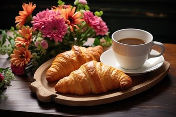 Croissants cup of coffee on tray .morning breakfast. Have nice morning and pleasant experience.