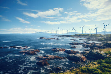 Fototapeta premium An offshore wind farm with sleek, high-tech wind turbines capturing energy from the sea breeze. Generative Ai.